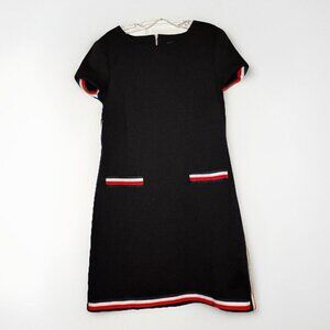 Tommy Hilfiger Black Striped Trim Dress Size Medium Gold Zipper Pull On Back